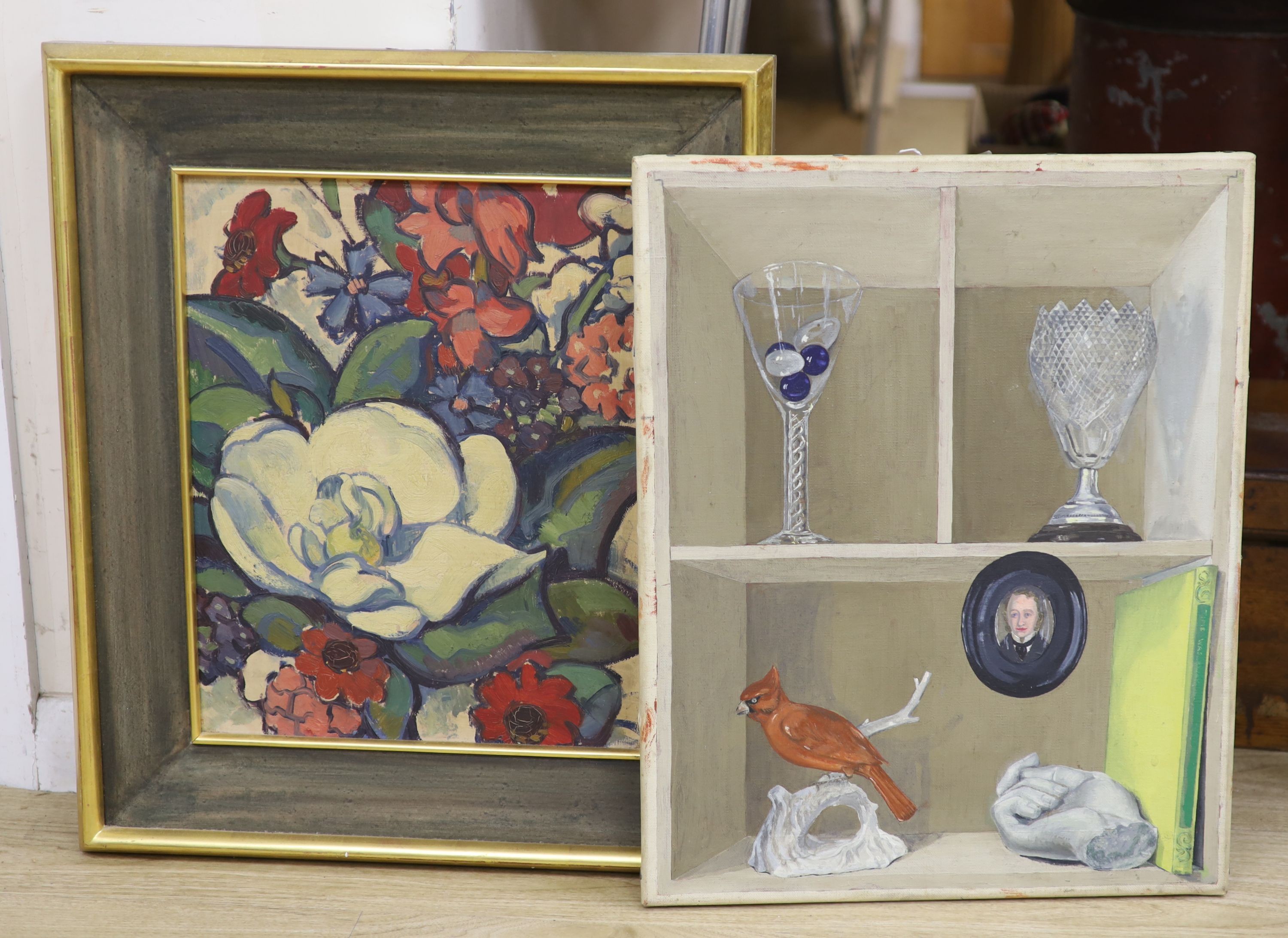 Modern British, oil on board, Study of flowers, 40 x 32cm and an unframed clin d'oeil still life, 51 x 41cm